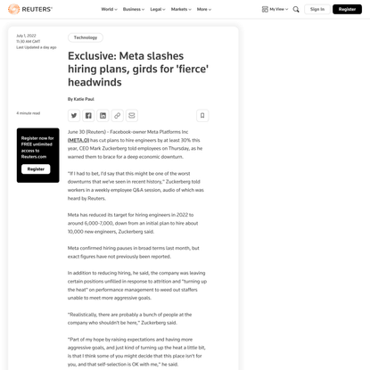 Exclusive: Meta slashes hiring plans, girds for 'fierce' headwinds | Reuters