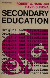 Book cover with fuchsia shape and black text:
Secondary education
Origins & Directions (13 times)