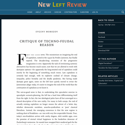 Evgeny Morozov, Critique of Techno-Feudal Reason, NLR 133/134, January–April 2022