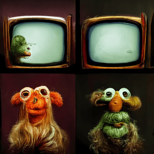 tv set in the 1970s showing muppets from another dimension trying to become real