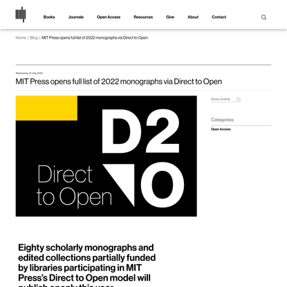MIT Press opens full list of 2022 monographs via Direct to Open