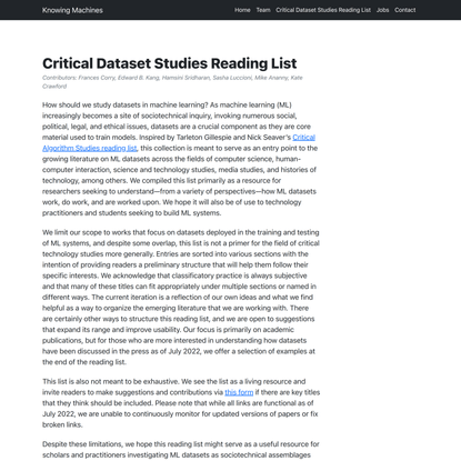 Knowing Machines - Critical Dataset Studies Reading List