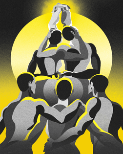 A gradient background of the color black fades downwards into a bright yellow. Five humans in their natural form, holding each other upwards, linked in arms. Framed by a glowing circular graphic device. 