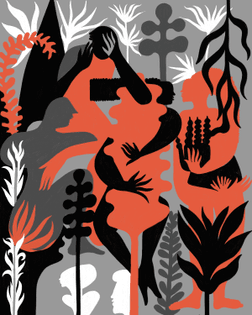 Abstracted depictions in red, black, and gray of people interwoven and coexisting with a variety of different shaped plants. Signifies the potential for harmony between flora and fauna.  