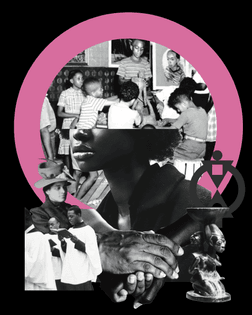 A solid black background, with a large pink circle set closer to the top. a series of photographs and images joined together to form one large constructed image. Images listed in the order they were placed. A black and white photo of black children learning together, placed in a circular frame. Followed by black & white image of the bottom half of a black woman’s face, from the neck up to the nose. Underneath are black hands folded over each other. To the left is an image of a black woman from the 1920s with a decorative hat on. Beneath are three men in white ceremonial robes, one holding an open book—. The Adinkra symbol of cooperation and interdependence is to the right of the hands. Lastly underneath, is a black statue placed to the right. 

