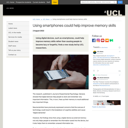 Using smartphones could help improve memory skills | UCL News - UCL – University College London