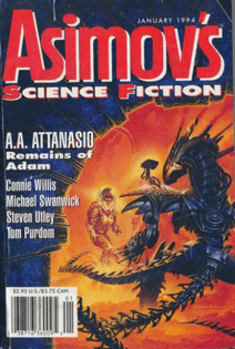 Magazine cover Azimov No. 18 featurinh an alien and a man in space suit with white text overlay and title in red.