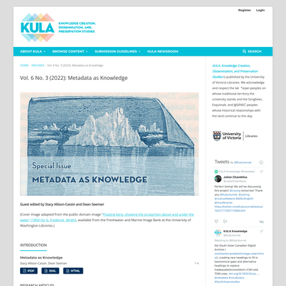 Vol. 6 No. 3 (2022): Metadata as Knowledge | KULA: Knowledge Creation, Dissemination, and Preservation Studies