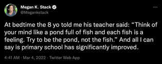 At bedtime the 8 yo told me his teacher said: “Think of your mind like a pond full of fish and each fish is a feeling. Try to be the pond, not the fish.” And all I can say is primary school has significantly improved.
