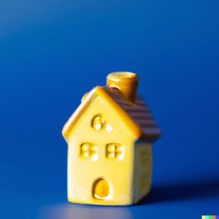 tiny pure yellow ceramic house in a blue room