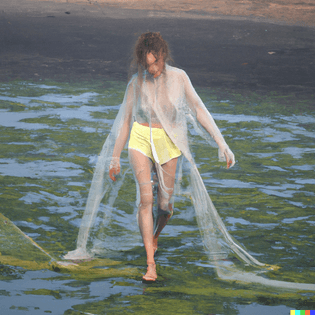 dall-e-2022-08-09-22.45.34-a-woman-dressed-in-issey-miyake-1990s-walking-in-algae-water-up-to-her-ankles-her-skin-is-disinte...