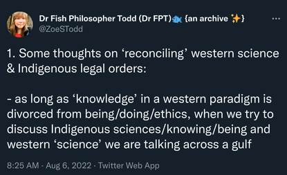 Dr. Zoe Todd: "Some thoughts on ‘reconciling’ western science &amp; Indigenous legal orders"