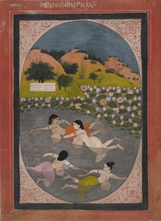 Painting. Ragamala. 'Sindhuri Ragini' girls swimming. Painted on Paper.