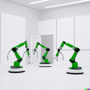 dall-e-2022-08-03-19.06.52-three-white-painted-robotic-arms-assembling-furniture-in-an-empty-white-room-with-movable-greensc...