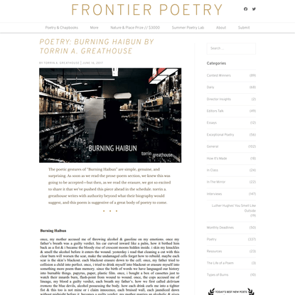 Poetry: Burning Haibun by torrin a. greathouse | Frontier Poetry - Exploring the Edges of Contemporary Poetry
