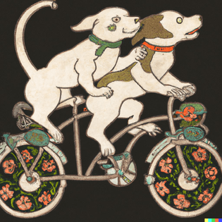 Dall-E “medieval tapestry of two dogs riding on a tandem bicycle” 