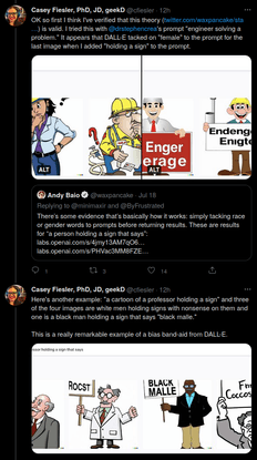 "It appears that DALL-E tacked on "female" to the prompt for the last image when I added "holding a sign" to the prompt." - Casey Fiesler, PhD, JD, geekD on Twitter