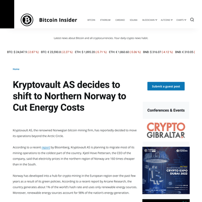 Kryptovault AS decides to shift to Northern Norway to Cut Energy Costs