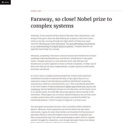 Faraway, so close! Nobel prize to complex systems