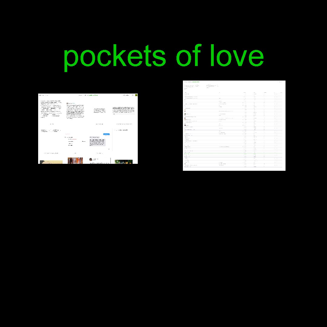 black text on a transparent background that reads, “adopt a channel” and “pockets of love” (the latter in green) above two screenshots of an Are.na channel. below, in smaller text, reads “1+ year old / 10 channels, 42 blocks / this channel has gotten too vague for me and I wish it were more public-facing (that is, I wish more people felt comfortable adding to it). seeking a new owner/co-owner ASAP.”