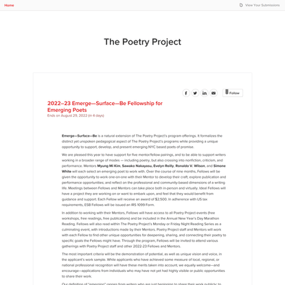 The Poetry Project - 2022–23 Emerge—Surface—Be Fellowship for Emerging Poets