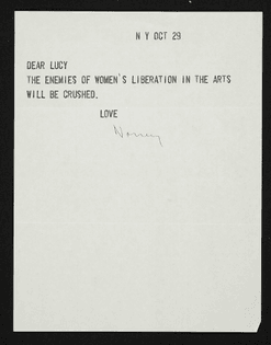 Letter from painter and activist Nancy Spero to art critic and activist Lucy Lippard regarding women's liberation in the arts.