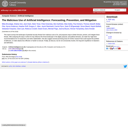[1802.07228] The Malicious Use of Artificial Intelligence: Forecasting, Prevention, and Mitigation