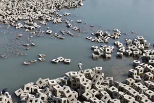 Concrete blocks exposed in the Yangtze