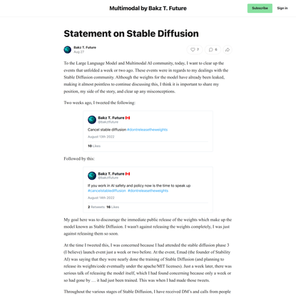 Statement on Stable Diffusion