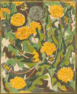 William Greengrass, Dandelions, 1936, linocut in colours 
