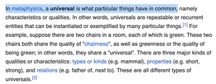 A screenshot of the the Universal (metaphysics) Wikipedia page that reads begins with, "In metaphysics, a universal is what particular things have in common..."