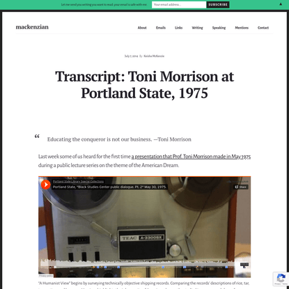 Transcript: Toni Morrison at Portland State, 1975