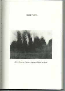 a book page with the word Insertions across the top and a blurry black and white image of what looks like trees blowing in the wind, or smoke rising
