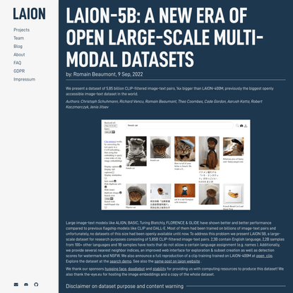 LAION-5B: A NEW ERA OF OPEN LARGE-SCALE MULTI-MODAL DATASETS | LAION