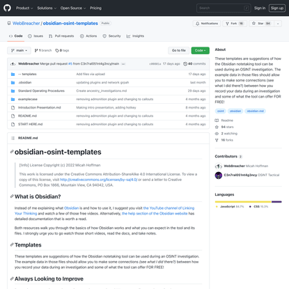GitHub - WebBreacher/obsidian-osint-templates: These templates are suggestions of how the Obsidian notetaking tool can be us...