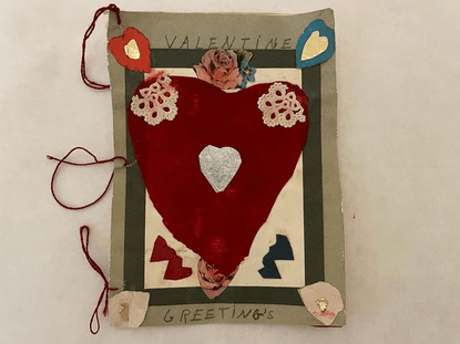 Steve Feldman on Instagram: "Valentine’s Day card from Nancy.  SWIPE to look inside. Gift from flea market vendor. #childart #collage"