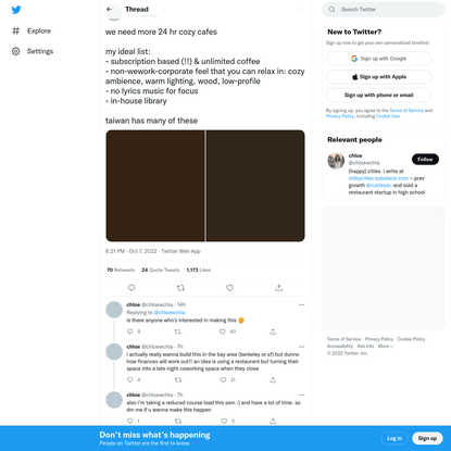 chloe on Twitter: "we need more 24 hr cozy cafes my ideal list:- subscription based (!!) &amp; unlimited coffee- non-wework-corp...