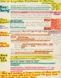 The image is a scanned copy of Octavia Butler's manuscript notes. Butler's notes seem to have been typewritten and she annotated these printed pages with colorful highlighters and pens, often making notes in the margins. One of the notes that I found affinity with is the section that says: "ADD more racism. Add more Hispanics. Most of neighborhood should have Hispanic relatives. More Hispanic surnames on people like Mora who seem ordinary blacks, or ordinary whites. More Spanish language." Butler has added in the margin in her handwriting "More hispanics" and has highlighted this note in bright yellow.