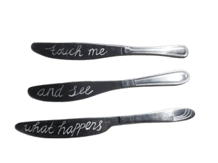 touch me and see what happens. Engraved kitchen knives, 2022.
