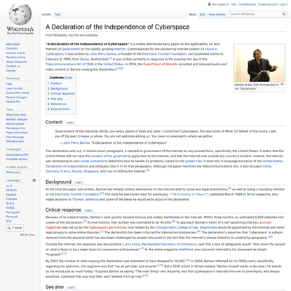 A Declaration of the Independence of Cyberspace - Wikipedia