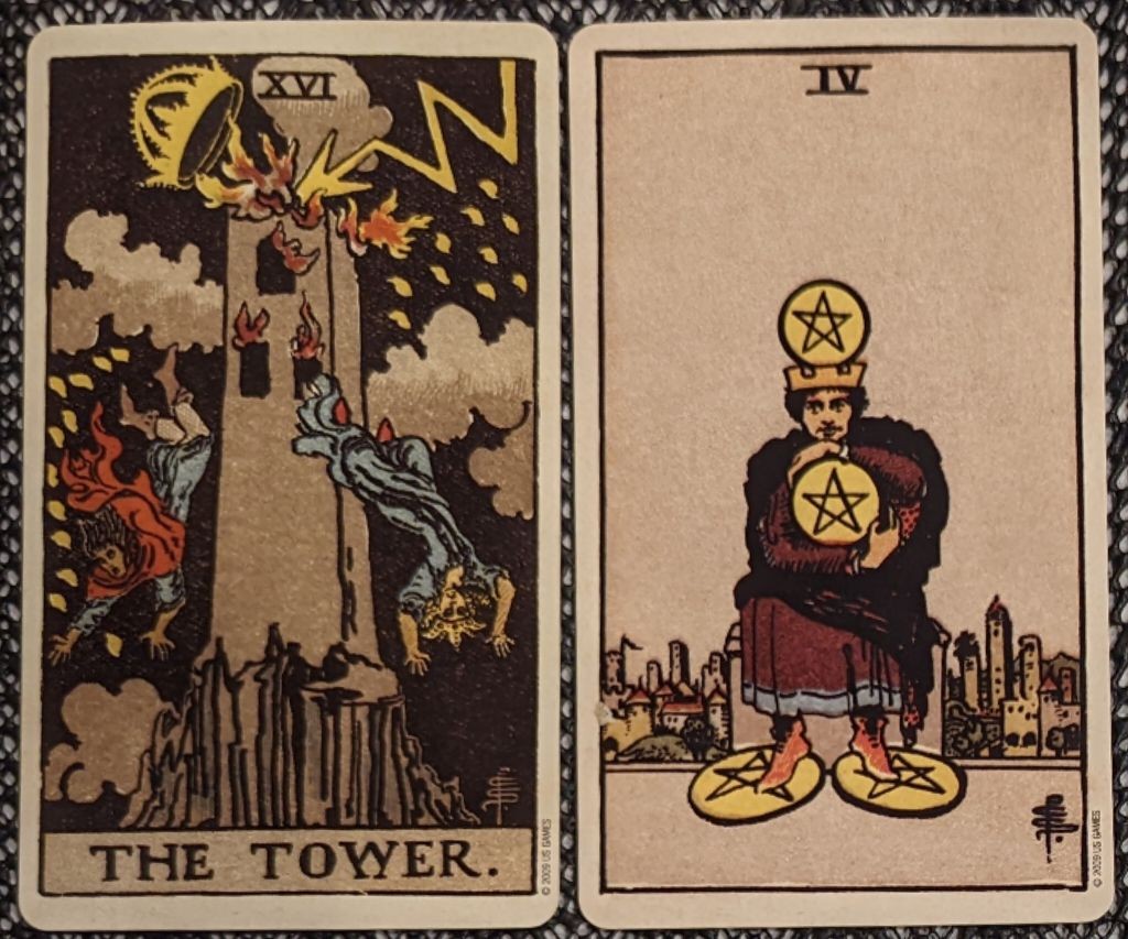 the tower + four of pentacles