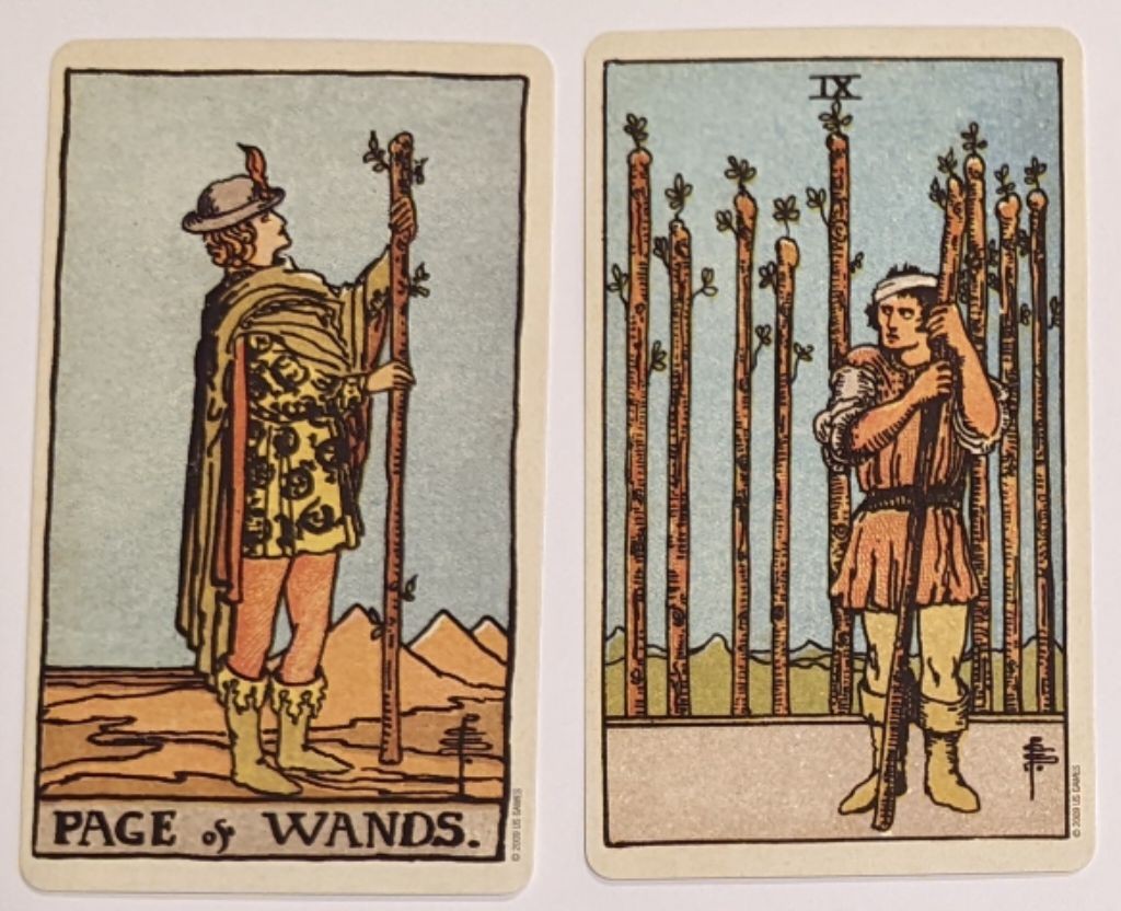 page of wands + nine of wands
