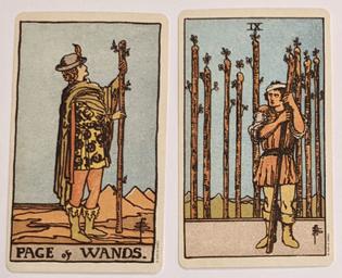 page of wands + nine of wands