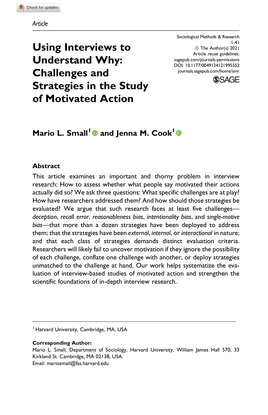 (Small &amp; Cook 2021) Using Interviews to Understand Why: Challenges and Strategies in the Study of Motivated Action