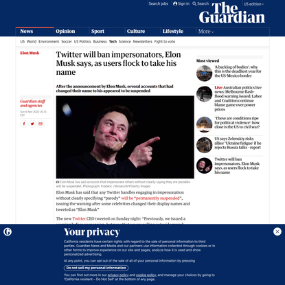 Twitter will ban impersonators, Elon Musk says, as users flock to take his name | Elon Musk | The Guardian