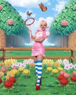 Doja Cat in a Animal Crossing-themed costume for Halloween