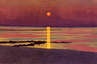 Warm toned painting of an ocean sunset, the sun's reflection is a distinctive line down the middle of the composition. 
