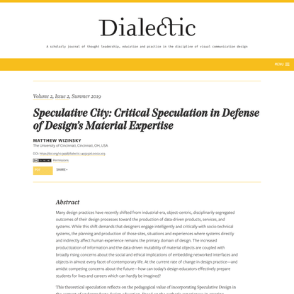 Speculative City: Critical Speculation in Defense of Design's Material Expertise