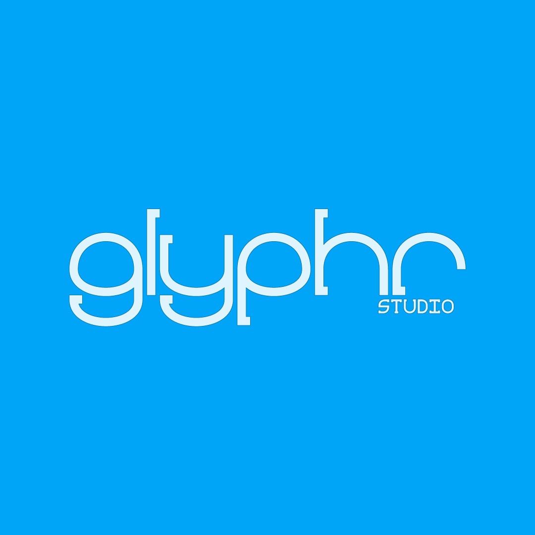 Logo Glyphr Studio in white on light blue background.