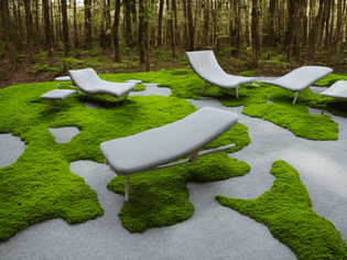 a lounge chair covered in moss concrete, moss, rubber my library bloom sunrise utopia